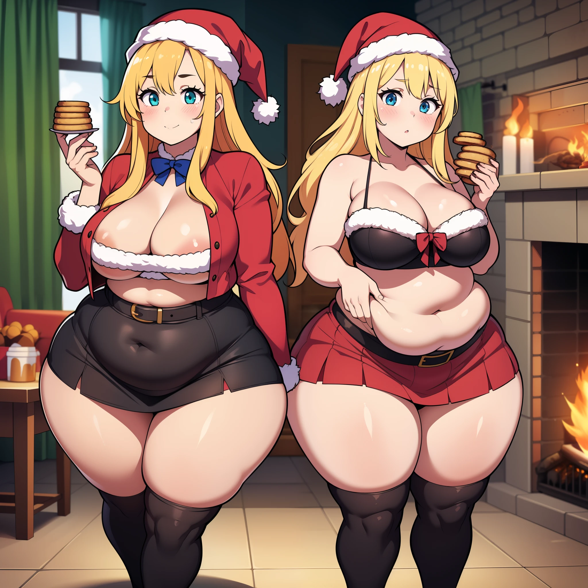 ((highres)), Masterpiece, high quality, best quality, beautiful, perfect lighting, detailed face, ultra cute face, cowboy shot, ((2girls)), (blush), one girl has blonde hair, blue eyes, one girl has brown hair, green eyes, Santa hat, Santa dress, red skirt, tight clothes, full body, living room, fire place, detailed background, medium breasts, perky breasts, cleavage, ((wide hips)), ((thick thighs)), ((chubby)), pudgy belly, fat folds, standing next to each other, holding cookies,