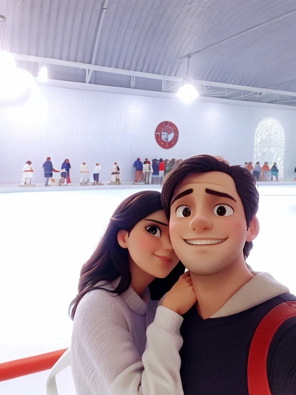 there is a man and woman that are posing for a picture, el hombre toma la selfie, la mujer reposa sus manos sobre uno de los hombros del hombre y muestra su cara de perfil casi oculta entre la cara del hombre, The man looks at the camera, ambos sonrien mostrando los dientes tiernamente, se encuentran en una pista de patinaje sobre hielo, dentro de un local con paredes blancas
