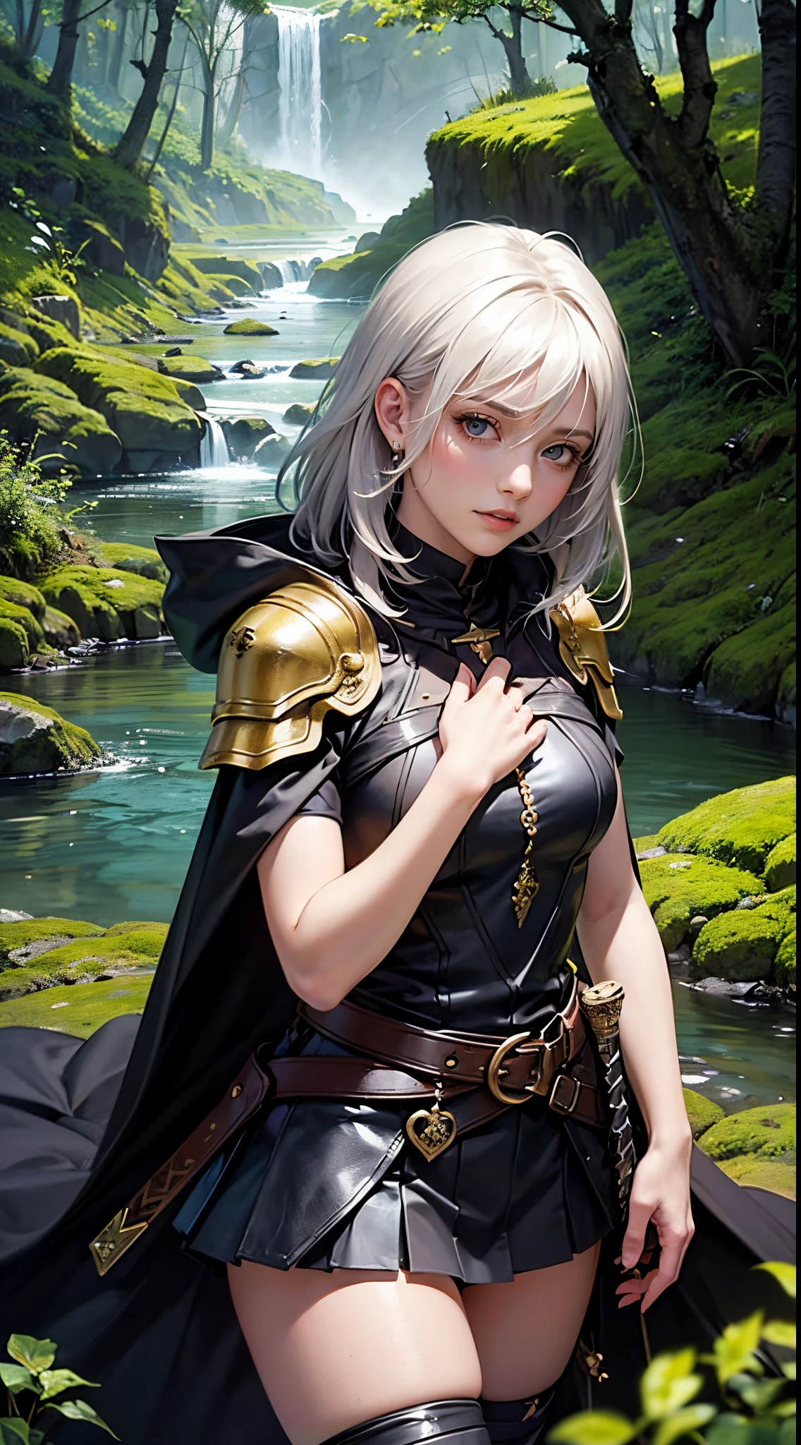 A cave full of glowing moss, Bright moss, A mysterious and majestic space, On the banks of a spring full of crystal clear water, Soak up to your waist in the spring,Otherworldly scenery, In the deep forest, 8K Wallpaper, ((masutepiece)), (((Best Quality))), ((Ultra-detailed)), ((Illustration)), Beautiful woman, (1girl in:1.2), ((Solo)), Seductive smile, ( deadpan), Dynamic Angle, Beautiful detailed eyes, hairs between eyes, White hair, ((dishevled hair)), Pleated skirt, ((dishevled hair)), 20 years old, Fine skin, real looking skin, (( black leather armor)), (( Wear a cloak)), ((( Girl with a big sword, claymore))), (( prepare a sword)), (black kneehighs:1.1), Beautiful and narrow eyes, 详细的脸,