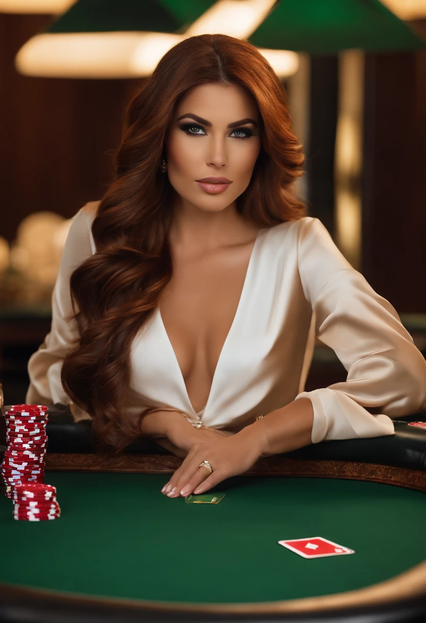 A boomerang video of Jasmine expertly dealing cards at a high-stakes poker table, with a confident smirk on her face.,original,Jasmine, with her flowing auburn hair and captivating emerald eyes, radiates a magnetic allure, her appearance striking a perfect balance between glamorous and approachable. Her figure, a mesmerizing blend of fitness and natural curves, is often adorned in high-end yet tasteful attire, reflecting her luxurious lifestyle funded by her success., female