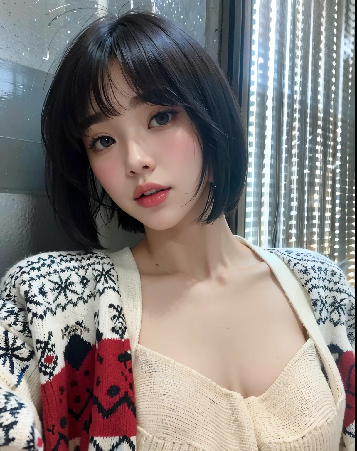 A close-up of a woman in a sweater posing for a photo, Sun Yunjoo, con pelo corto con flequillo, con el pelo corto, Ella tiene el pelo negro con flequillo, con flequillo, Lalisa Manobal, con flequillo completo, ulzzang, Heonhwa Choe, Peinado blanco de corte hime, Lee Ji - Eun, Lee Ji-eun