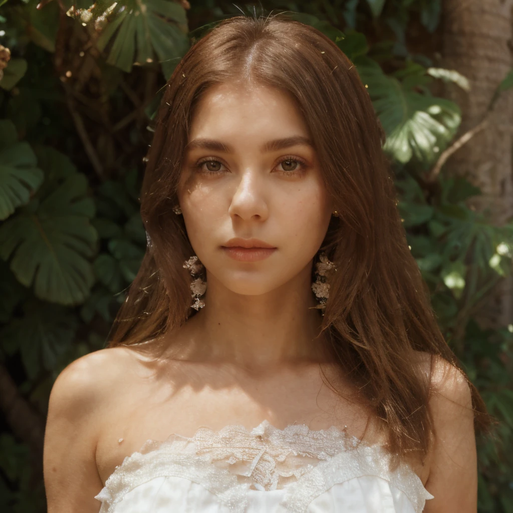 head and shoulder shot, a brazilian woman, white long dress with lace, brown hair, hair flower, heart-shaped eyes, smelling, canon, anatomically correct, textured skin, super detail