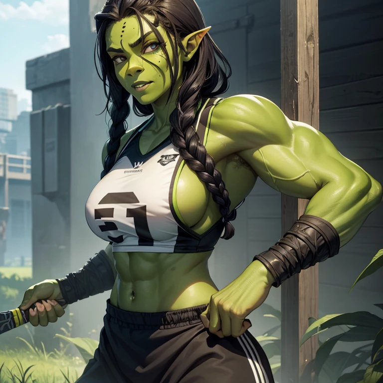 Female orc, black braided hair, green skin, lacrosse uniform, tall, muscular, sweat