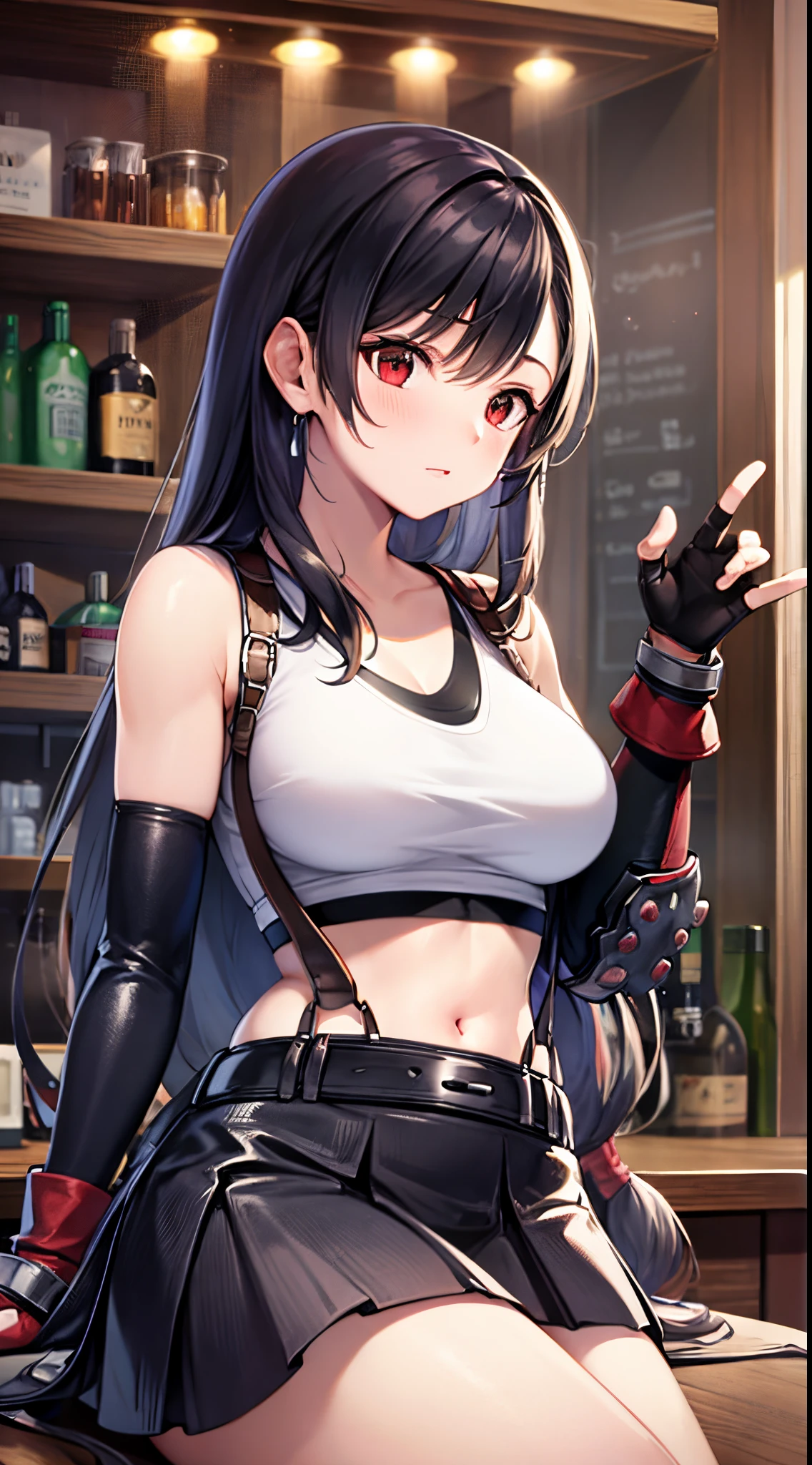 best quality, ultra-detailed, high resolution, extremely detailed CG, unity 8k wallpaper, defTifa, white crop top, elbow pad, fingerless gloves, suspenders, pleated skirt, red boots, bar counter,