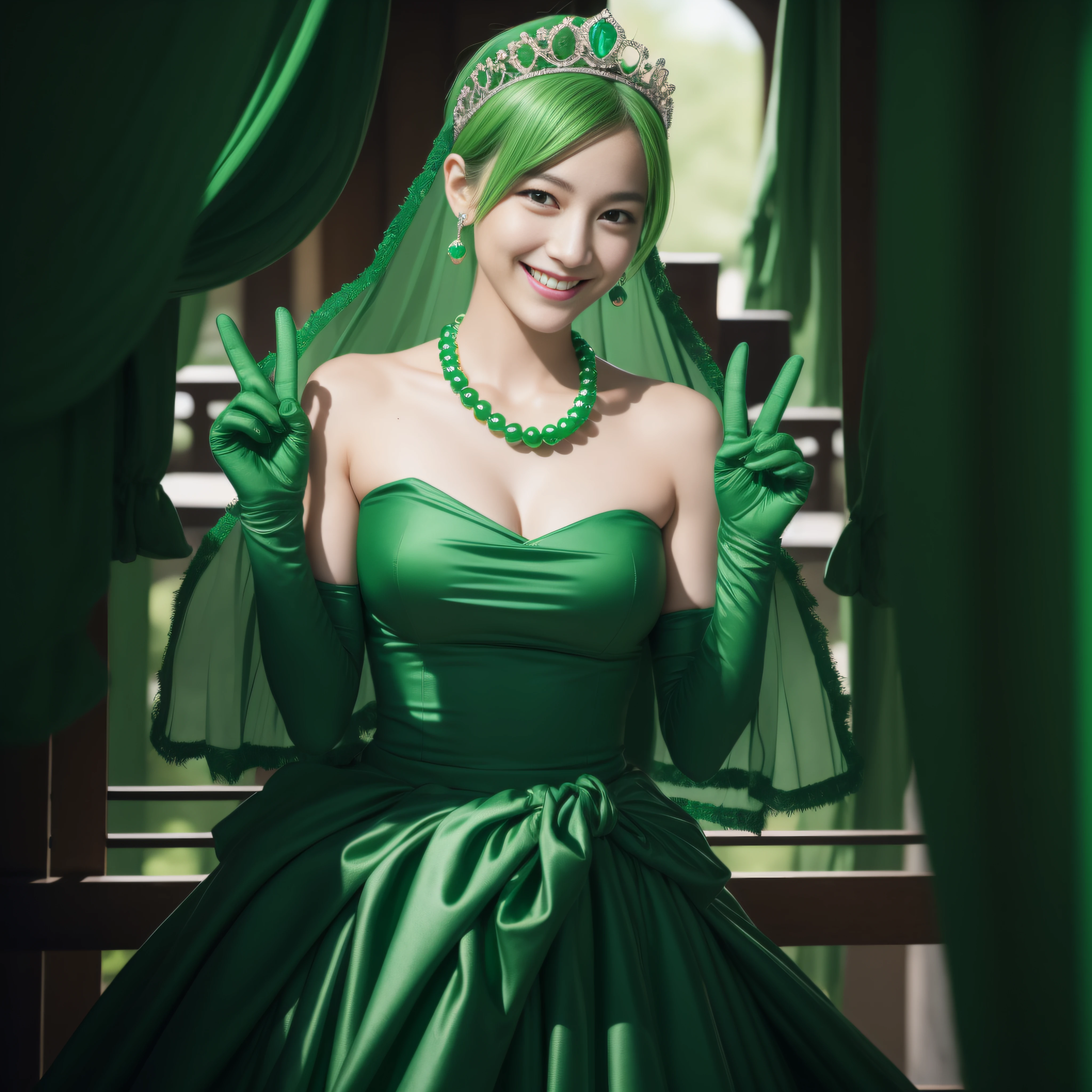 emerald tiara, Green Pearl Necklace, Boyish very short green hair, lipsticks, Japan woman smiling, very short short hair, big breasts beautiful, Green eyes, Long green gloves made of satin material, Green eyes, Emerald Earrings, green vale, v sign