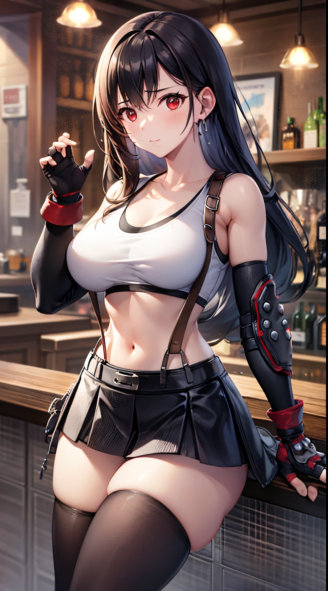 best quality, ultra-detailed, high resolution, extremely detailed CG, unity 8k wallpaper, defTifa, white crop top, elbow pad, fingerless gloves, suspenders, pleated skirt, red boots, bar counter,
