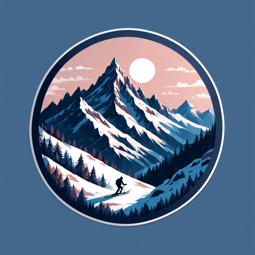 (Sticker),White background,(in circle), winter mountain with winter sport, ,Simple, Ultra detailed, Detailed drawing, vectorised, Silhouette, 8K, professional sticker design, Flat design, Vector lines, Sticker, Full-HD, pastel monochrome
