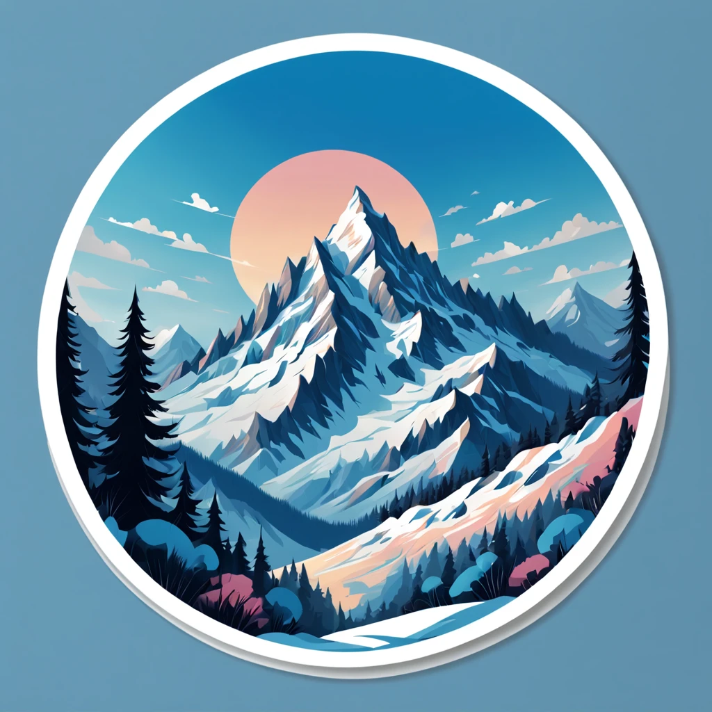 (Sticker),White background,(in circle), winter mountain with winter sport, ,Simple, Ultra detailed, Detailed drawing, vectorised, Silhouette, 8K, professional sticker design, Flat design, Vector lines, Sticker, Full-HD, pastel monochrome