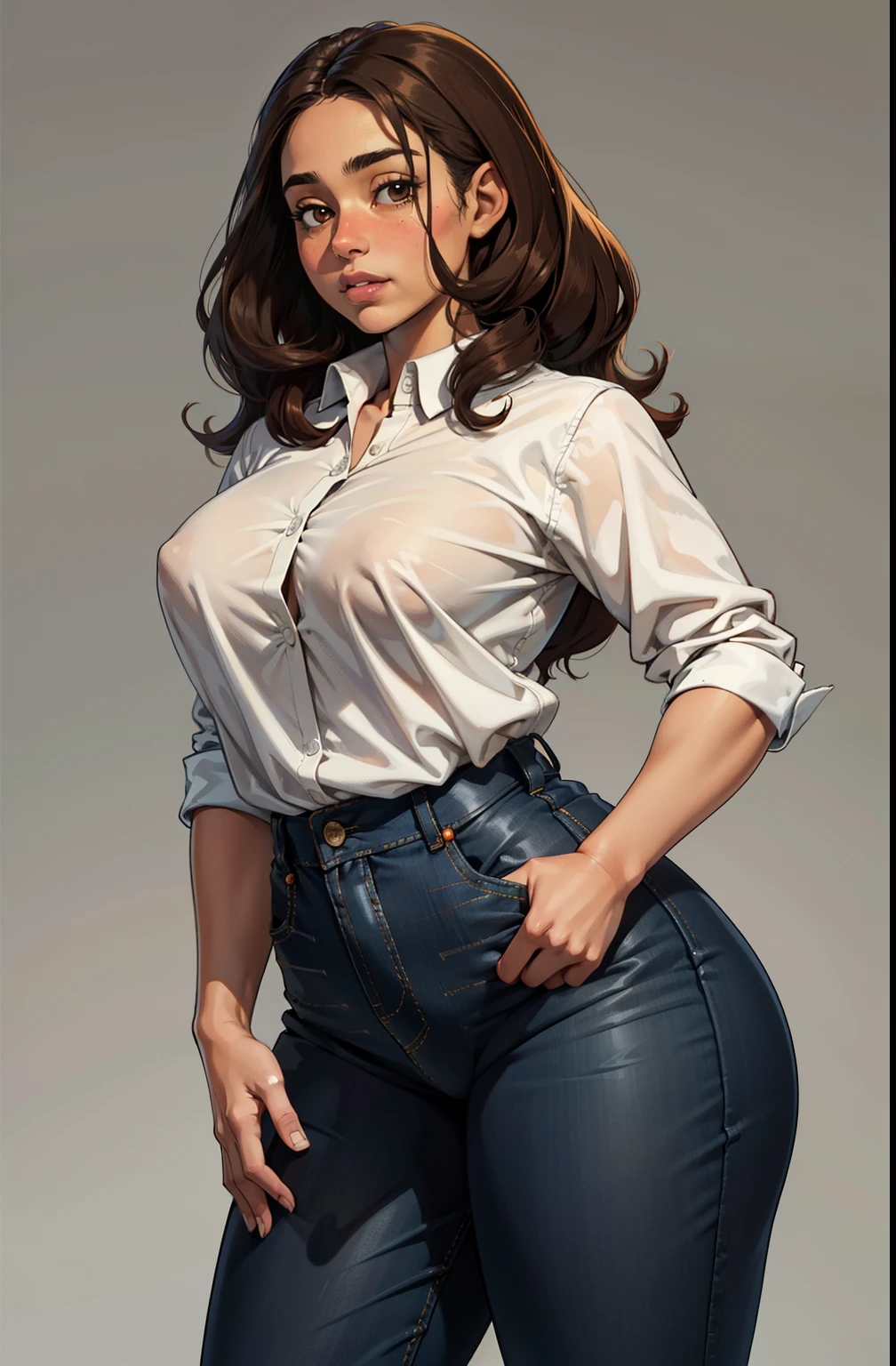 uma , body shot, latina face, brown skin, long natural curly brown hair, glamour, fat, Stand up, maquiagem, Lips are soft or colored, fundo simples, silhuetas fluidas, Stand Up, provocador, surprised facial expression, bashful, simple lighting and texture, fundo branco, large clothes, pants, camisa