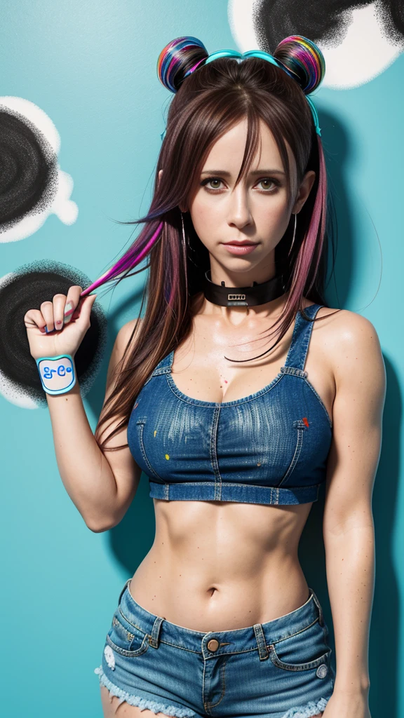 Jennifer Love Hewitt、​masterpiece, top-quality, 1girl in, 独奏, croptop, Denim shorts, a choker, (doodle:1.5), Paint Splatter, arms behind back, Hitting a wall, Look at viewers, Armbands, Thigh strap, Paint on the body, tilt of the head, tedium, O cabelo multicolorido, Aqua Eye, headset on head,