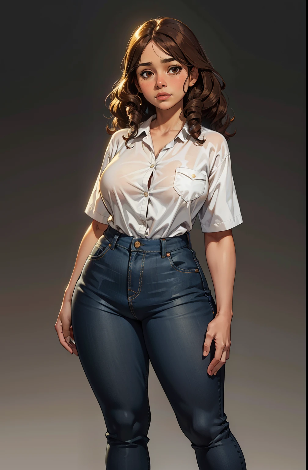 uma , body shot, latina face, brown skin, long natural curly brown hair, glamour, fat, Stand up, maquiagem, Lips are soft or colored, fundo simples, silhuetas fluidas, Stand Up, provocador, surprised facial expression, bashful, simple lighting and texture, fundo branco, large clothes, pants, camisa