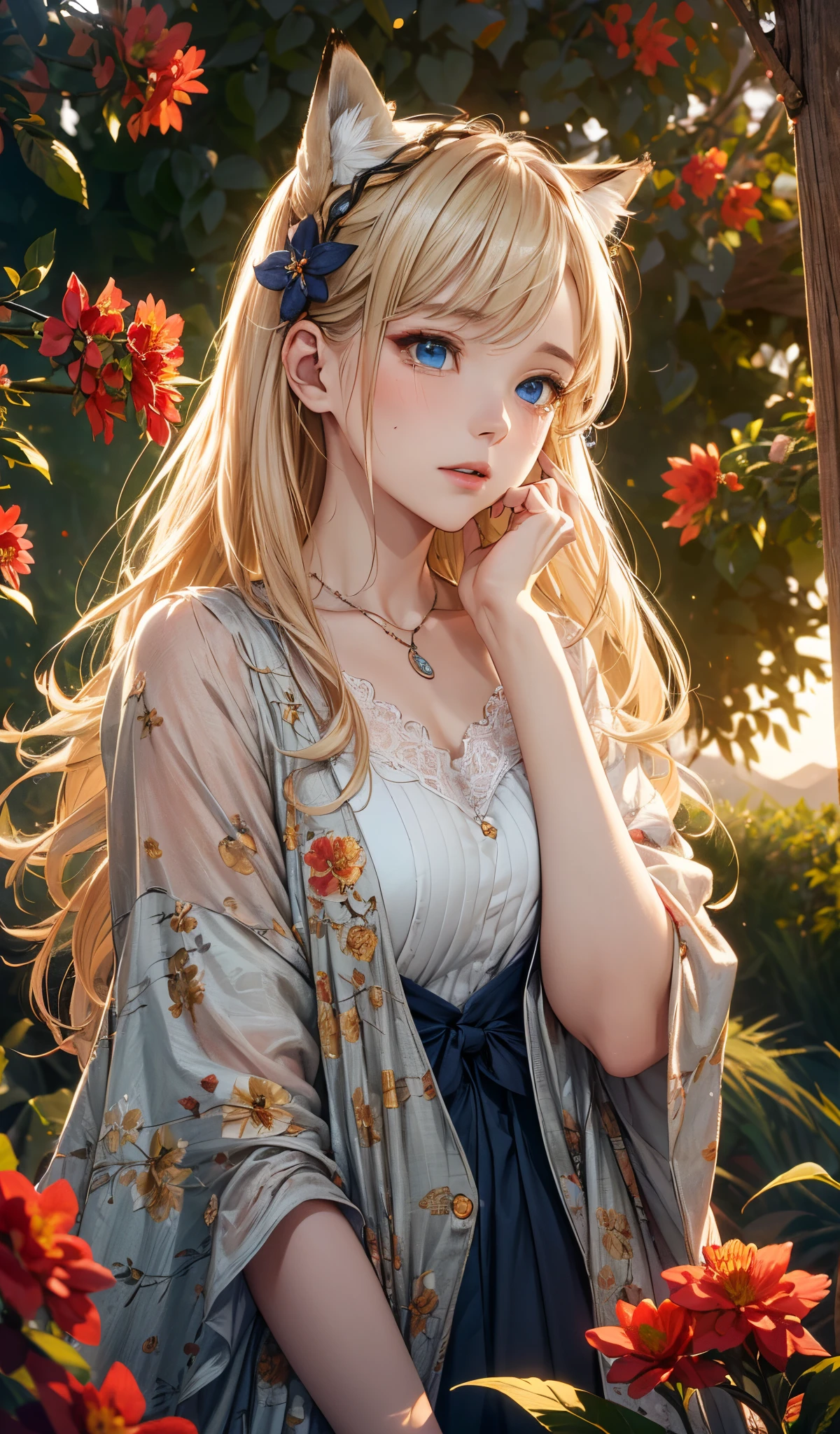 (masterpiece),(top-quality:1.2),1girl in,(masuter piece:1.3),exquisitedetails, Highest quality 8K resolution, Ultra-detailed, Realistic, Vibrant colors, Soft tones, With warm and gentle lighting,early evening,Big sunset,(Smooth straight blonde hair:1.2),(Hair parted in the middle:1.3),(Glowing hair),(Dark blue eyes:1.3),White skin, hair clips,Autumn twilight、Fox personification,Yellow dress、(Red Higan Flower:1.4)、is crying、Guibli、Valley,a necklace、