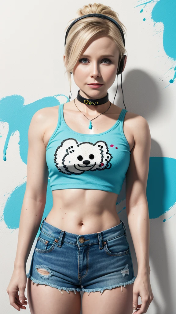 Kristen Bell、masterpiece, top-quality, 1girl in, 独奏, croptop, Denim shorts, a choker, (doodle:1.5), Paint Splatter, arms behind back, Hitting a wall, Look at viewers, Armbands, Thigh strap, Paint on the body, tilt of the head, tedium, O cabelo multicolorido, Aqua Eye, headset on head,