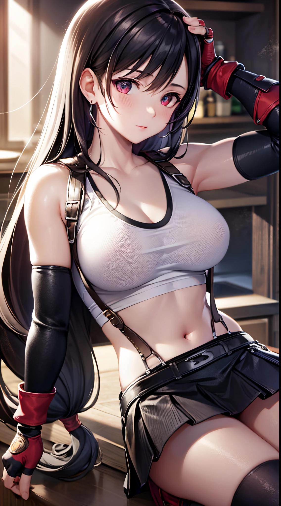 best quality, ultra-detailed, high resolution, extremely detailed CG, unity 8k wallpaper, super detailed skin, detailed, dynamic lighting, beautiful detailed eyes, defTifa, white crop top, elbow pad, fingerless gloves, suspenders, pleated skirt, red boots, bar counter,