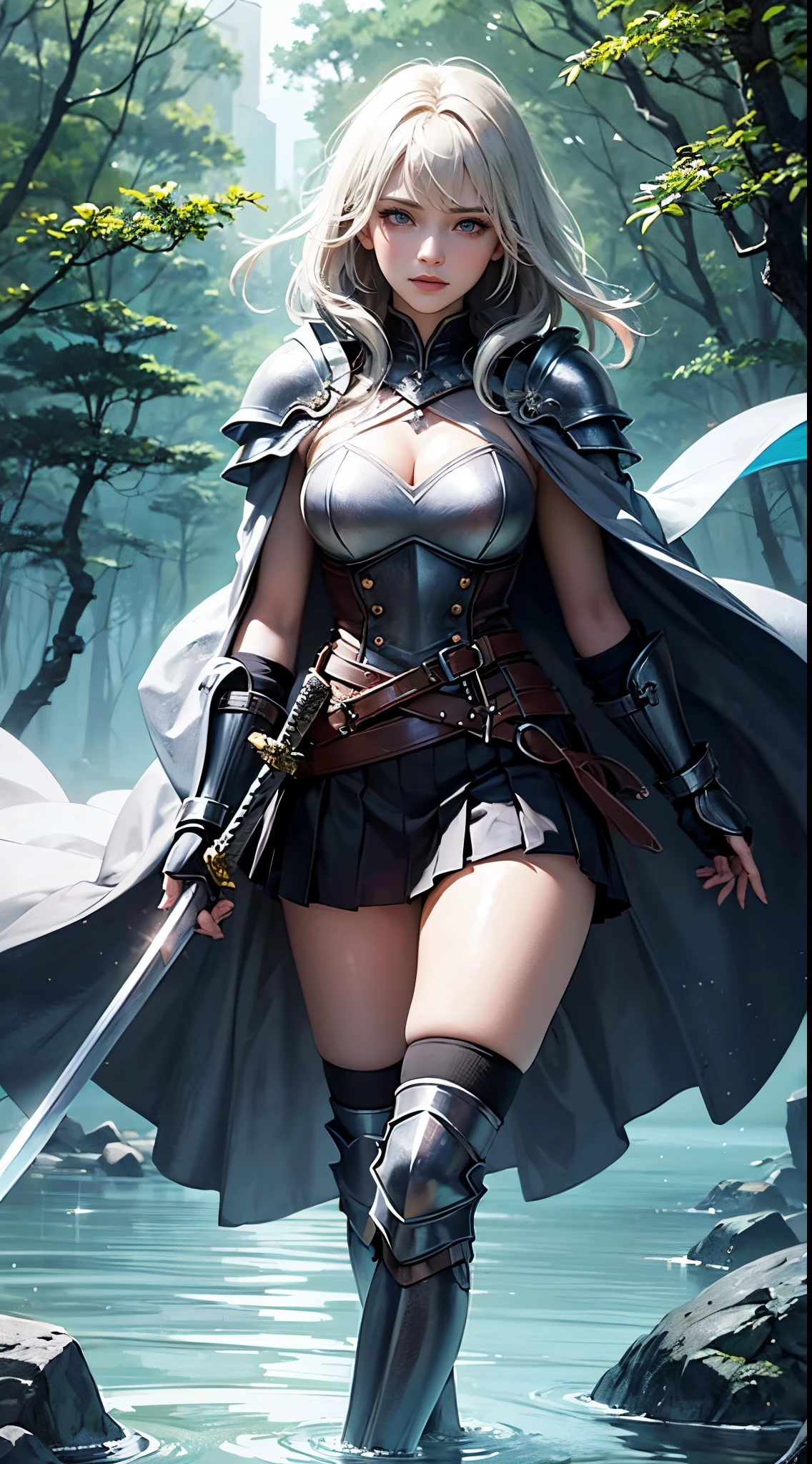 A cave full of glowing moss, Bright moss, A mysterious and majestic space, On the banks of a spring full of crystal clear water, submerge waist-deep in water,Otherworldly scenery, In the deep forest, 8K Wallpaper, ((masutepiece)), (((Best Quality))), ((Ultra-detailed)), ((Illustration)), Beautiful woman, (1girl in:1.2), ((Solo)), Seductive smile, ( deadpan), Dynamic Angle, Beautiful detailed eyes, hairs between eyes, White hair, ((dishevled hair)), Pleated skirt, ((dishevled hair)), 20 years old, Fine skin, real looking skin, (( black leather armor)), (( Wear a cloak)), ((( Girl with a big sword, claymore))), (( prepare a sword)), (black kneehighs:1.1), Half-undressed clothes,Beautiful and narrow eyes, 详细的脸,