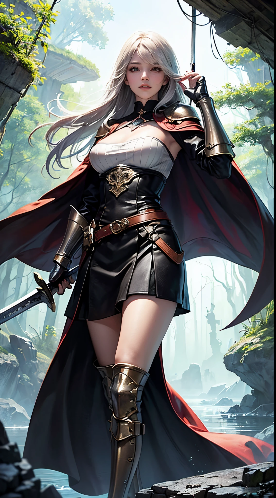A cave full of glowing moss, Bright moss, A mysterious and majestic space, On the banks of a spring full of crystal clear water, submerge waist-deep in water,Otherworldly scenery, In the deep forest, 8K Wallpaper, ((masutepiece)), (((Best Quality))), ((Ultra-detailed)), ((Illustration)), Beautiful woman, (1girl in:1.2), ((Solo)), Seductive smile, ( deadpan), Dynamic Angle, Beautiful detailed eyes, hairs between eyes, White hair, ((dishevled hair)), Pleated skirt, ((dishevled hair)), 20 years old, Fine skin, real looking skin, (( black leather armor)), (( Wear a cloak)), ((( Girl with a big sword, claymore))), (( prepare a sword)), (black kneehighs:1.1), Half-undressed clothes,Beautiful and narrow eyes, 详细的脸,