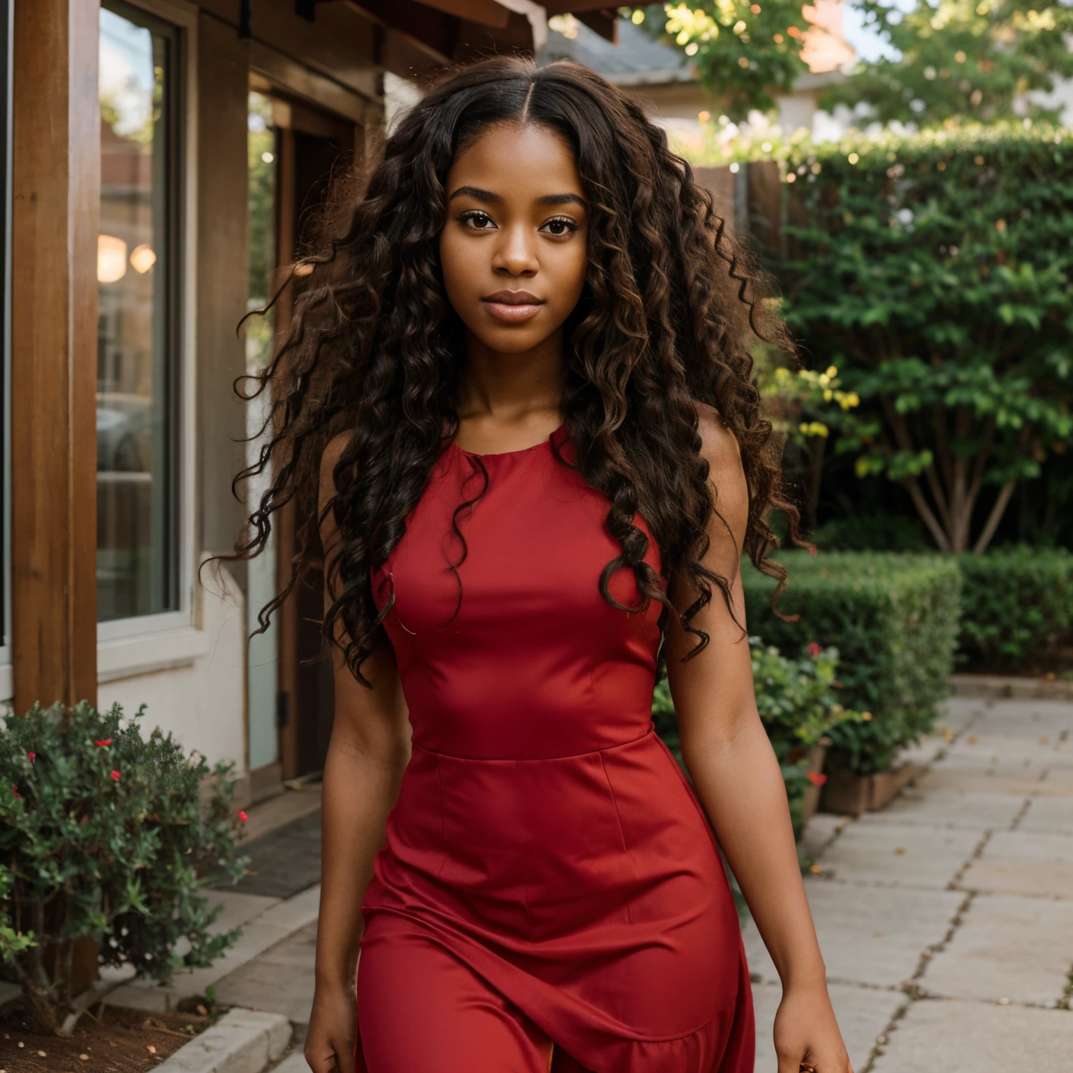 African American girl with long curly hair with red dress on