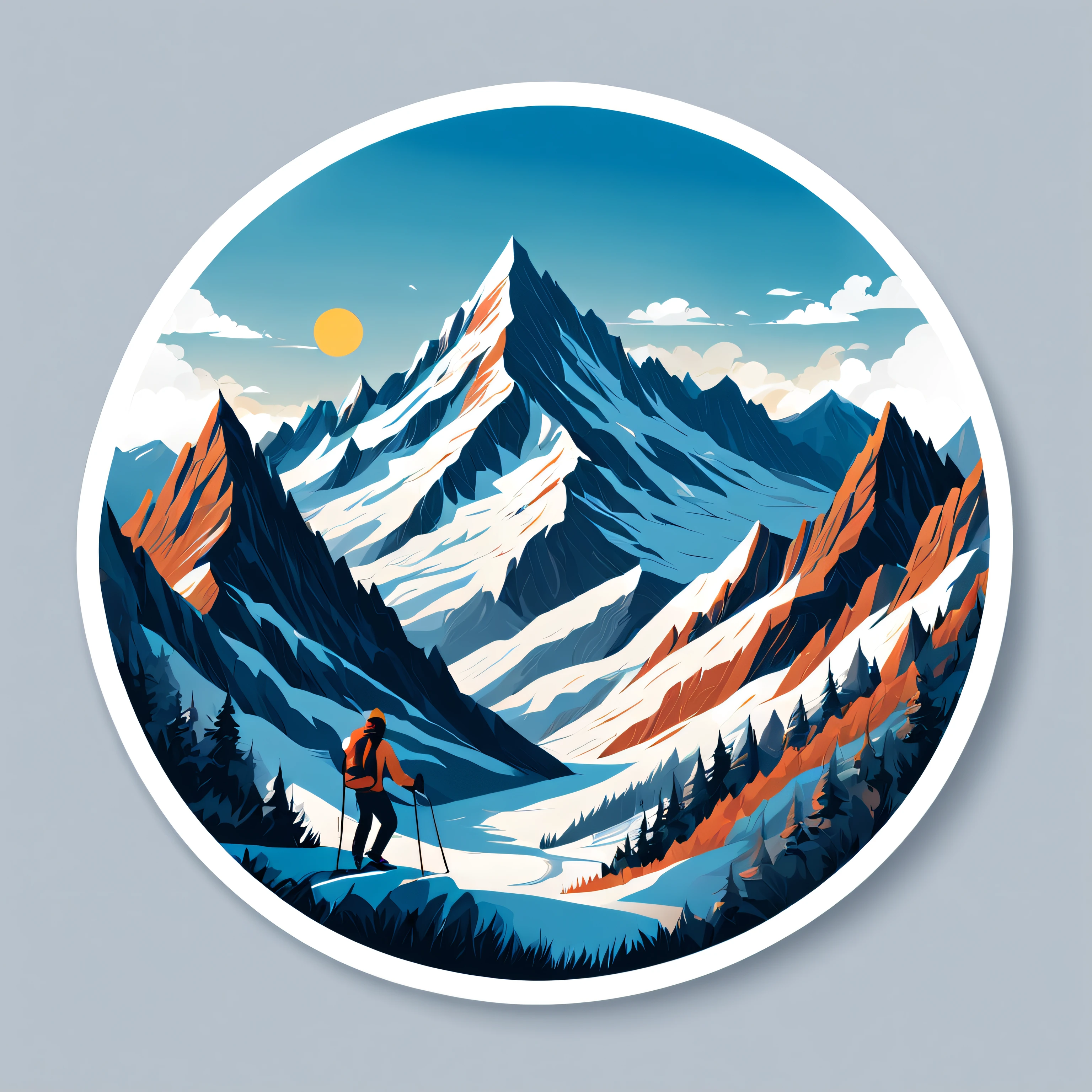 (Sticker),White background,(in circle), winter mountain with sport, ,Simple, Ultra detailed, Detailed drawing, vectorised, Silhouette, 8K, professional sticker design, Flat design, Vector lines, Sticker, Full-HD