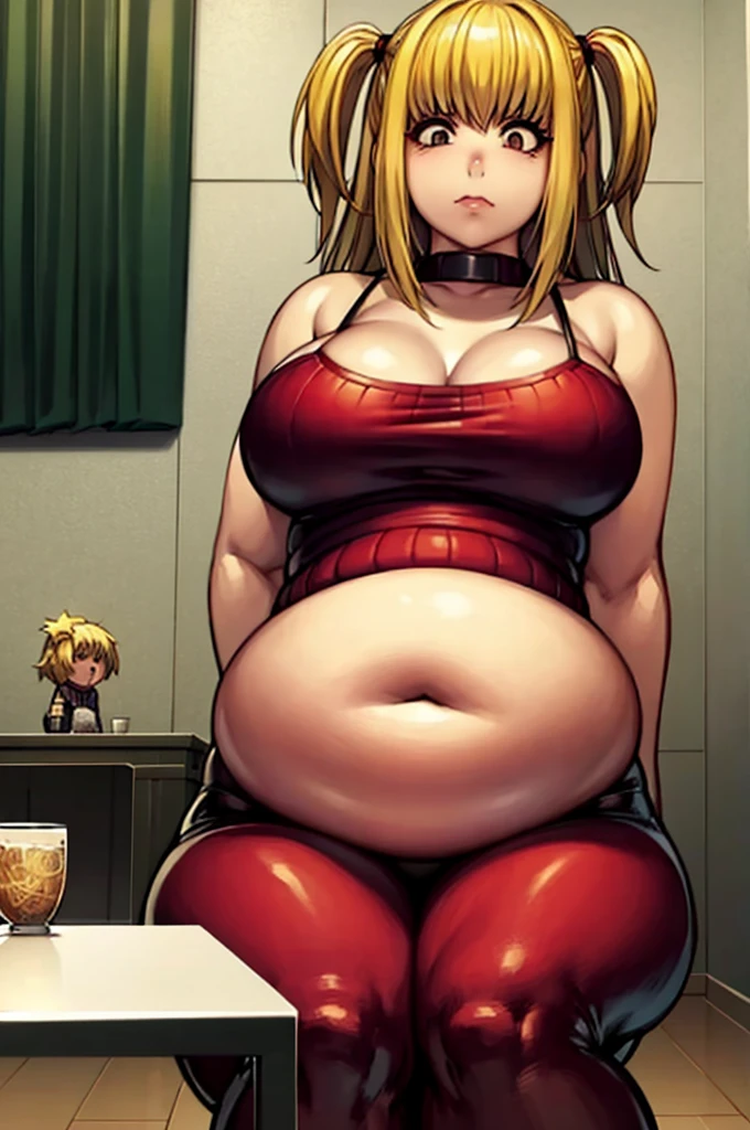 fat, large belly, big belly, very fat, large stomach, chubby (best quality, masterpiece), fat belly, Misa amane, Misa death note, sitting, fat, blonde hair, Christmas, wearing a sweater, table, fat
