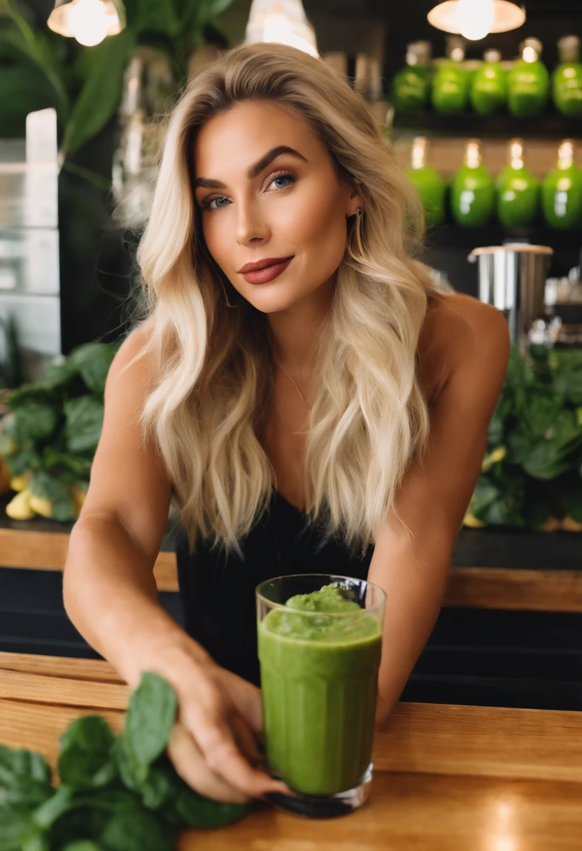 A photo of LA influencer chick trying out a new green smoothie at an organic juice bar.,original,She is blonde, young, beautiful, lives in Hollywood, and takes a selfie , female