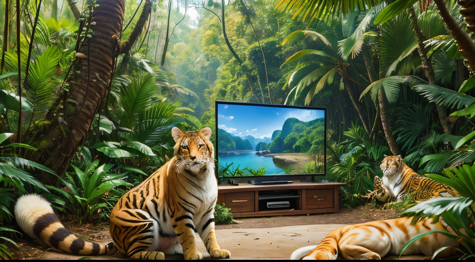 ((best quality)), ((masterpiece)), (detailed), ((photo-realistic)), (realistic), photo of various animals watching television ((in the jungle)), outdoor, (high-resolution:1.2)