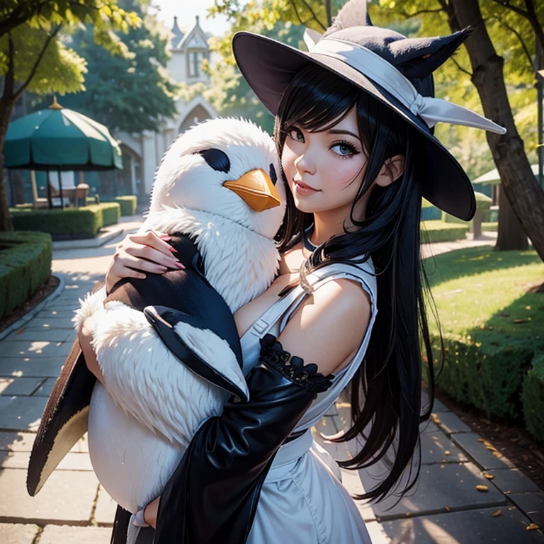Adult woman, League of legends character Ahri hugging a stuffed penguin, maid hat, maid apron, Big chest, Clivage, alluring look, blushing, somewhere in nature, outside