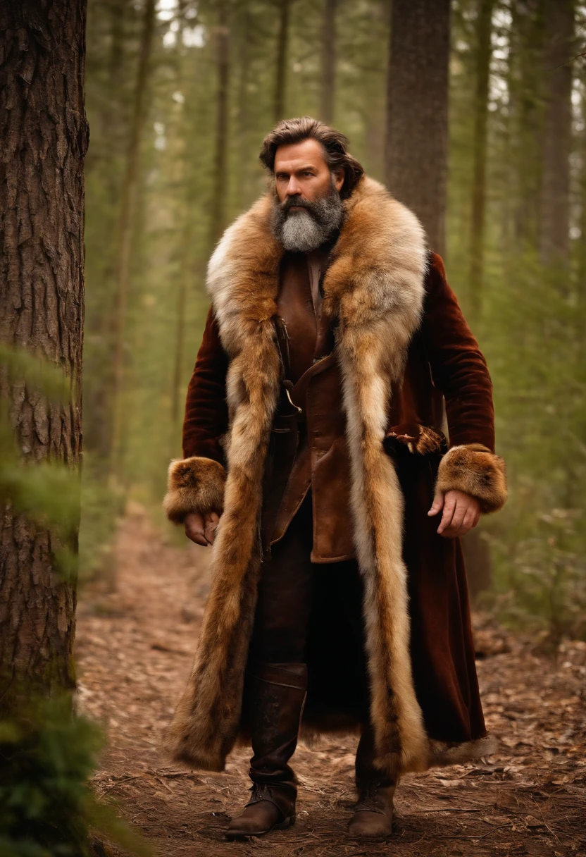 A photo of Willy checking his animal traps in the woods,original,Tall, muscular and bearded. Clad in animal furs and pelts. Severe expression. , male