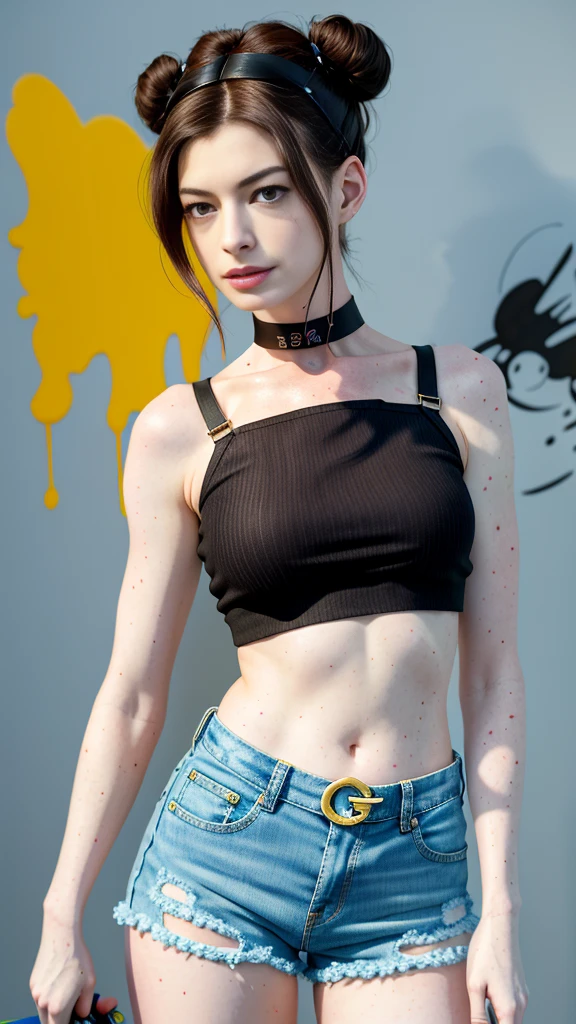 Anne Hathaway、masterpiece, top-quality, 1girl in, 独奏, croptop, Denim shorts, a choker, (doodle:1.5), Paint Splatter, arms behind back, Hitting a wall, Look at viewers, Armbands, Thigh strap, Paint on the body, tilt of the head, tedium, O cabelo multicolorido, Aqua Eye, headset on head,