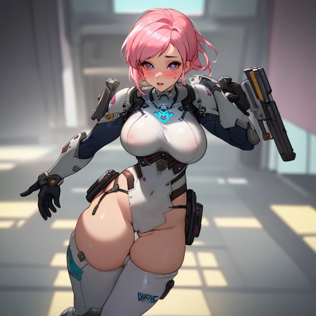 (masterpiece), best quality, aroused eyes, perfect face, sexy woman, pink hair, thick body, big breast, big butt, standing, overwatch gear (NSWF)