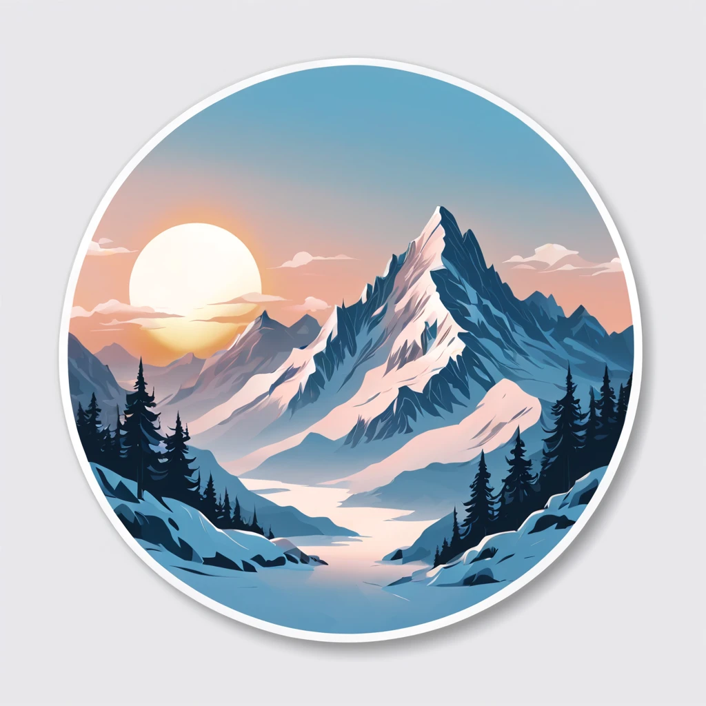 (Sticker),White background,(in circle), sunrise winter mountain with winter sport, ,Simple, Ultra detailed, Detailed drawing, vectorised, Silhouette, 8K, professional sticker design, Flat design, Vector lines, Sticker, Full-HD, pastel monochrome