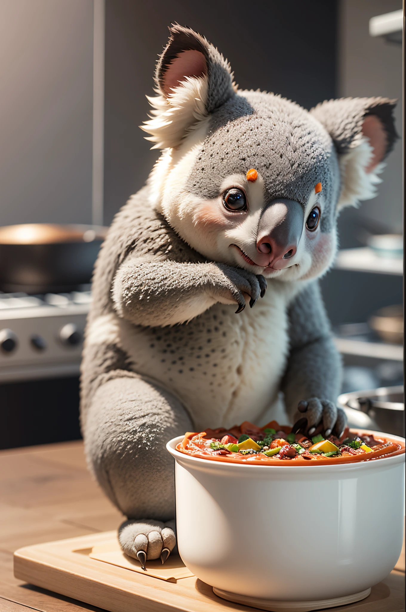 kawaii 3D a 3D rendering of a kawaii koala cooking on a white background --auto --s2