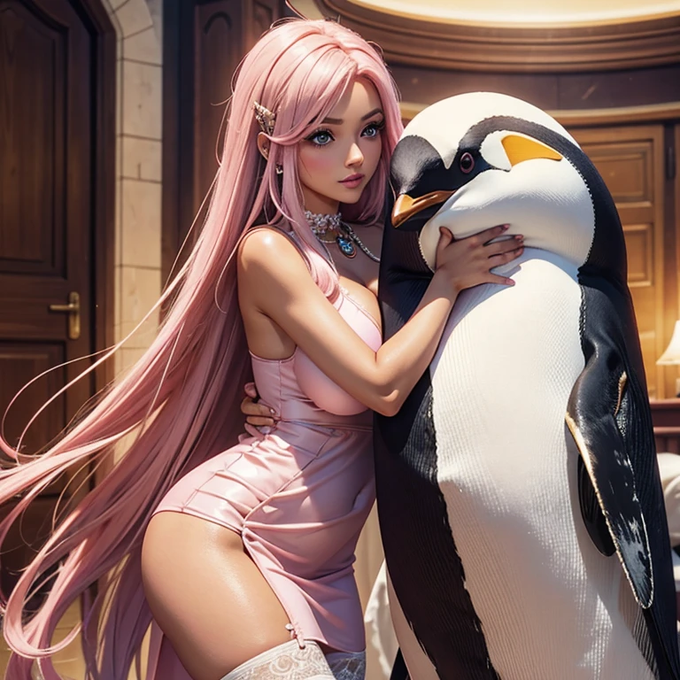 European woman , tanned skin tone, 30 years old, in a fantasy world , Hugs a stuffed penguins, Noble long dress, stockings, Light pink hair, Eye shadow, natural makeup, very long hair, beautiful chest, big breasts,Second Life Avatar, Beautiful screenshot, Second Life, attractive woman, high quality, highly detailed