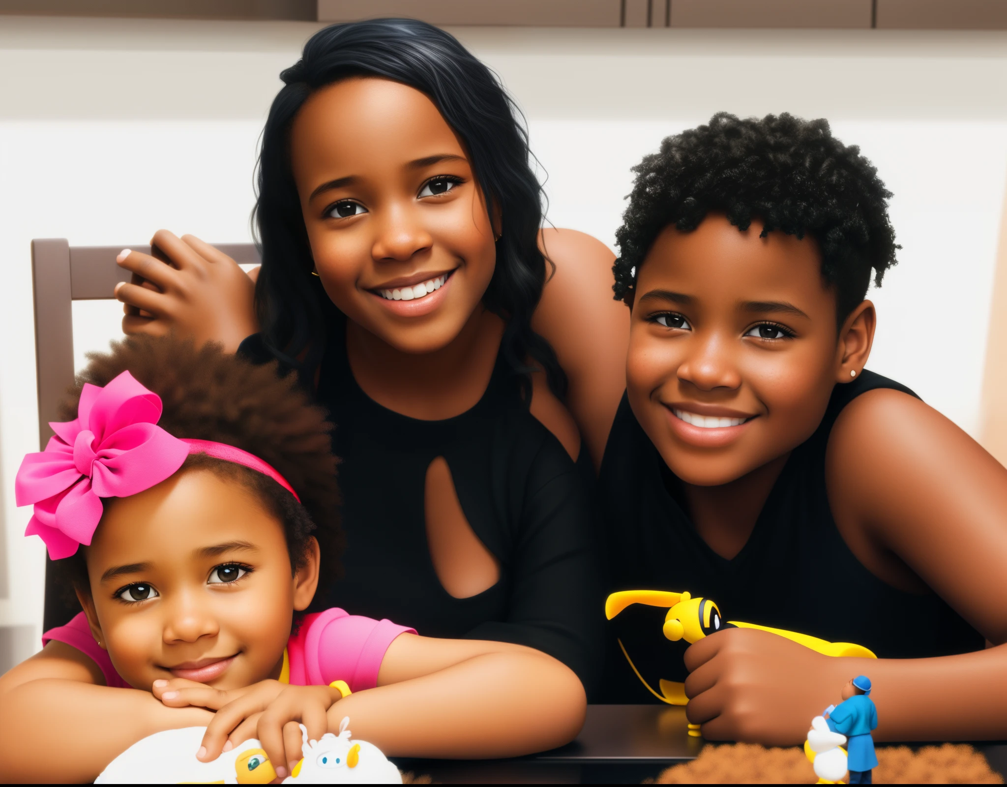 A black woman, a , a girl and a boy, Disney Pixar style in high quality.