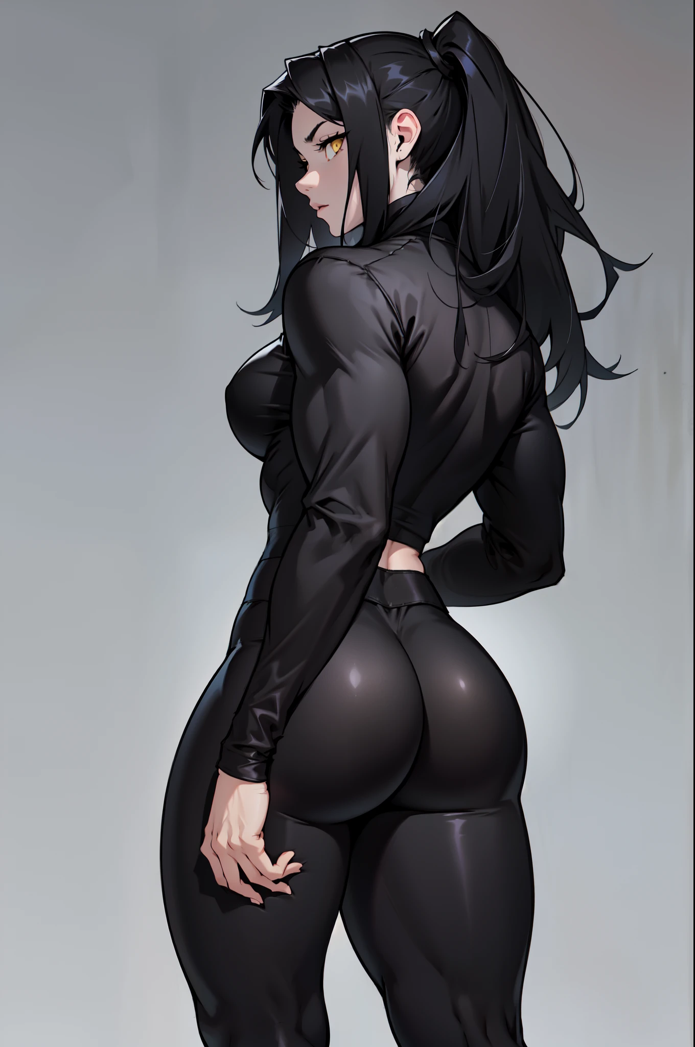 girl solo 1girl pale skin muscular huge ass toned body thick thighs black hair yellow eyes long hair grey background bodybuilder from behind black leggings tight long sleeve black t-shirt perfect anatomy black leggings tight long sleeve black t-shirt black leggings tight long sleeve black t-shirt black leggings tight long sleeve black t-shirt