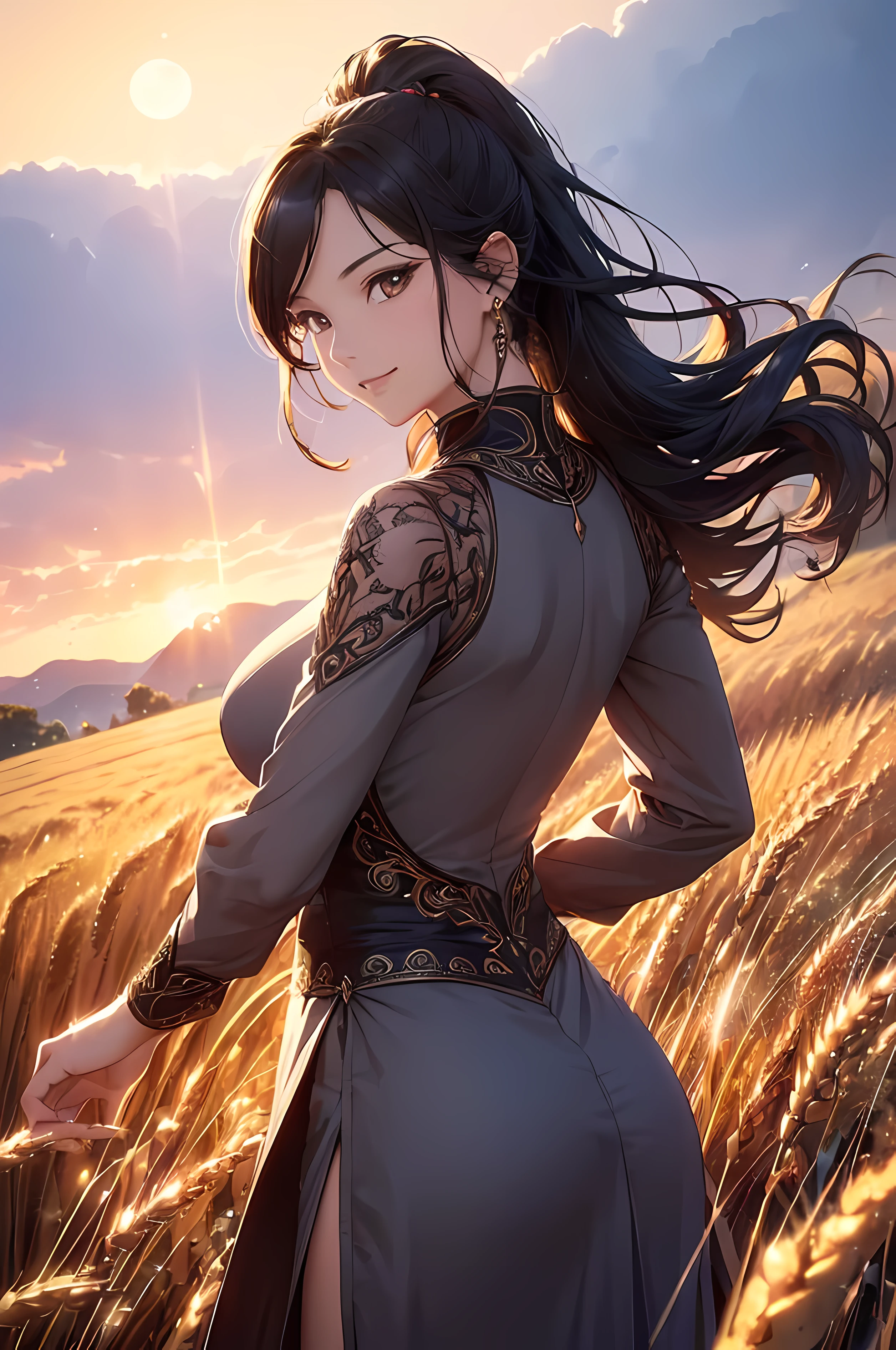 A beautiful woman, (((1 girl, solo, running, (wheat field), turning around, golden eyes, long pure red jacket, dress, middle ages, medieval outfit, long sleeves sunset, light from behind, shadow on the figure, smile, laughter, (blue sky), against the background of wheat, standing in the distance, looking at the viewer, full-length
, elegance under the sun, hair ornament, movement motion, image look alive))), ((perfect body figure, very big breast, very big ass, beautiful face, beautiful face, milf, age 46, royal, blazing black color hair, ponytail hair style, beautiful skin, Extremely details hair, fine details)), (((cinematic lighting, beautiful lighting effect, creative design, full body frame, divine aura, hard harmony , shining light, perfect color transition, perfect balance of contrast, perfect color layer, perfectly smooth color blur, soft rendering, smooth color stroke, moon glare, optic lens, moonlight ray, soft colors, smooth colors blend, perfect color rendering, harmony, perfect color harmony, beautiful color, soft harmony, light particles, perfect details, intricate details, color prism, fine details, refine details, intricate clothes details, fine clothes, smooth fabric clothes texture, different angle))), Tachibana Omina art style, affectionate eyes, half a smile, slightly open mouth, a gentle expression on his face, serene scenery of grassland under the sun, grass floating around, calm, breeze and sunlight in the background, butterflies in the sky, realism, ((Best quality))),8k,((Masterpiece)),(Extremely refined and beautiful)