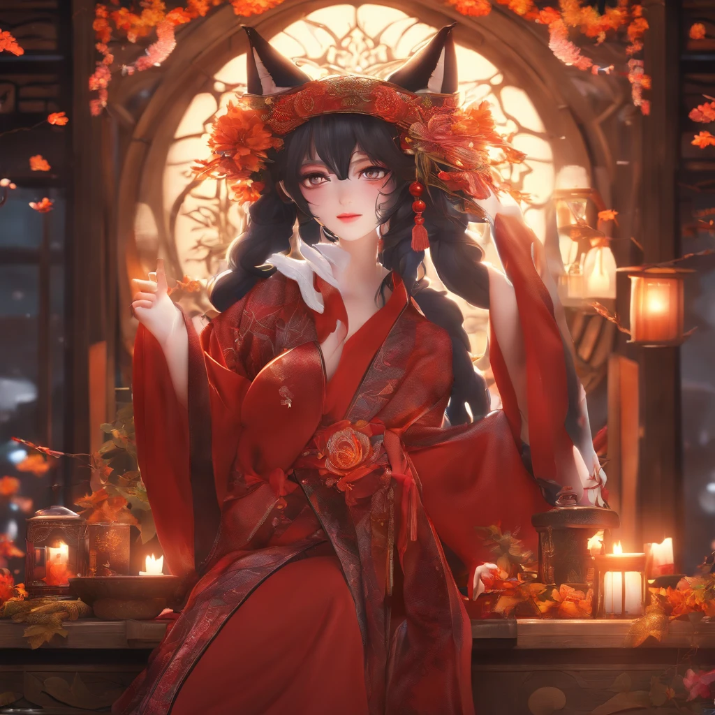 1girll,Solo,, offcial art, Unity 8k壁纸, ultra-detailliert, Beautiful and aesthetic, Beautiful, masutepiece, Best Quality,, Foxwich, kitsune mask, Haori jacket, Foxfire spells,