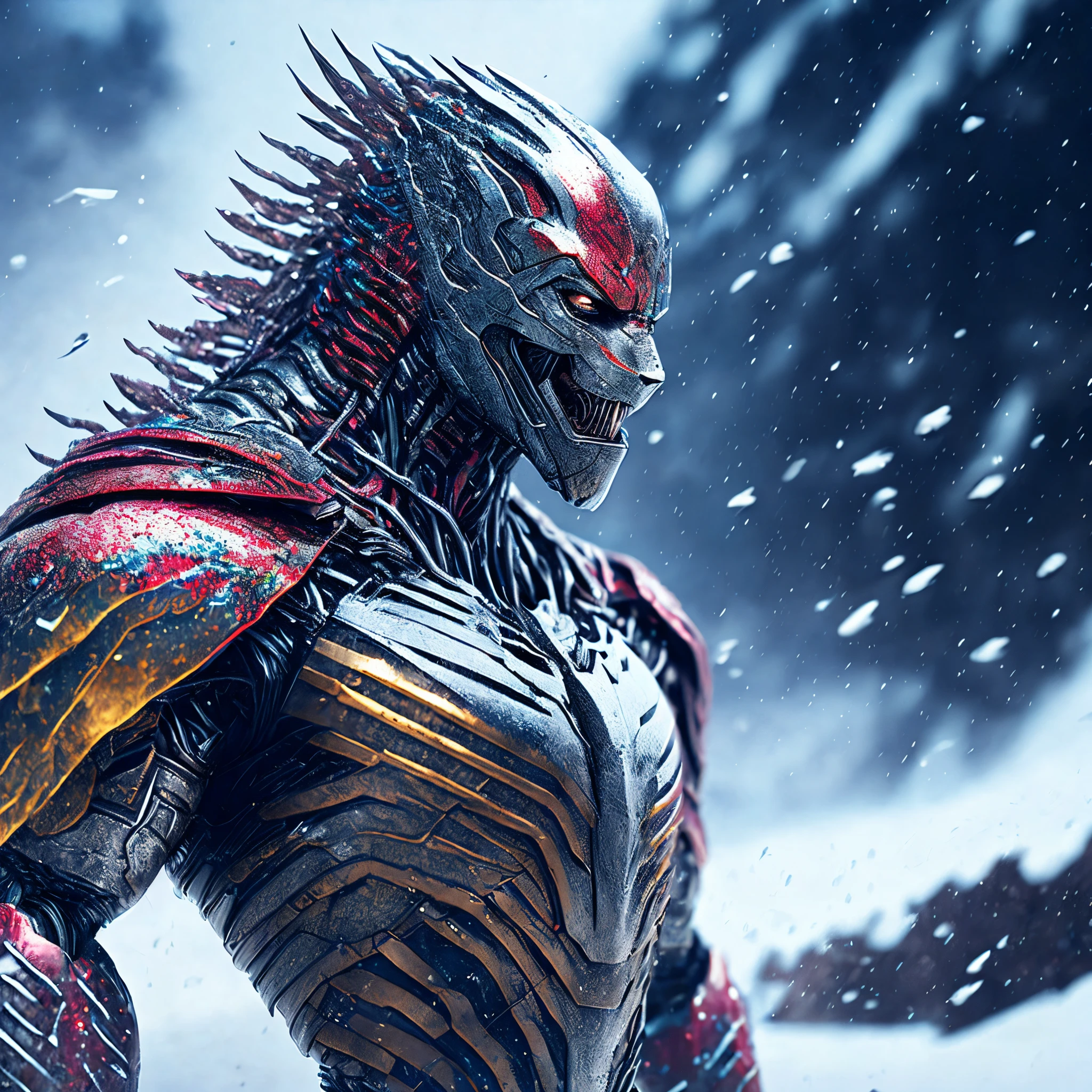 Close-up ( multicolourd human figure predator from Marvel in Metalsteal style: 1.3) emerging from the snow hills , well detailed, sparks, flying debris, volumetric light