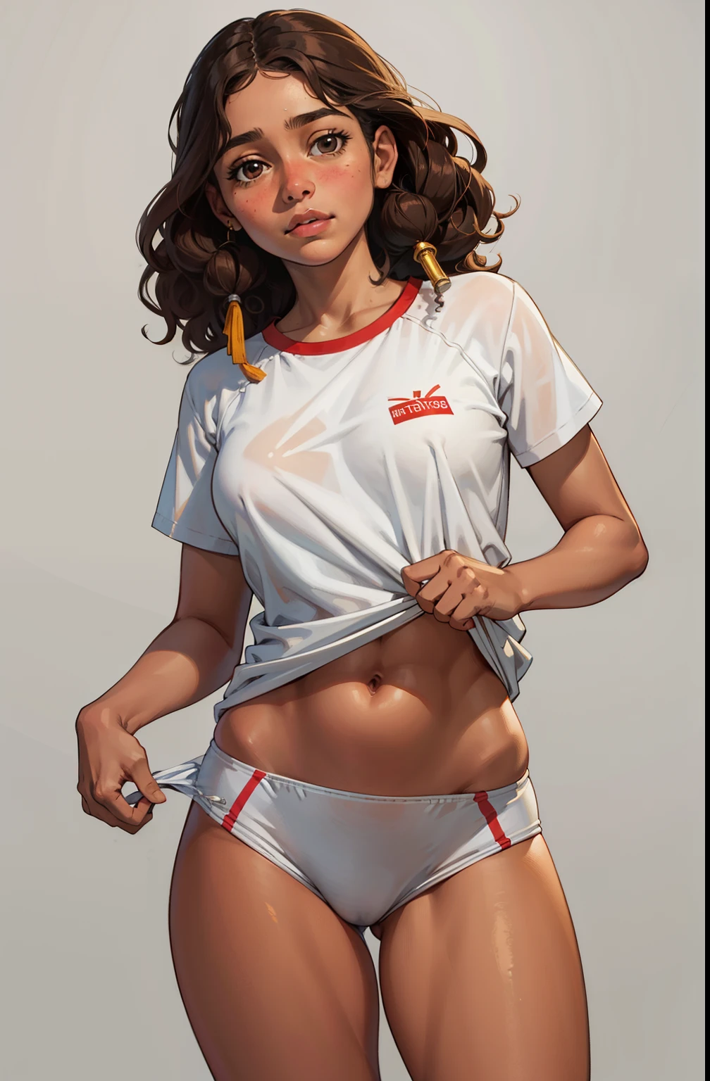 uma , latina face, brown skin, long natural curly brown hair, Stand up, maquiagem, Lips are soft or colored, fundo simples, silhuetas fluidas, provocador, surprised facial expression, bashful, simple lighting and texture, fundo branco, large clothes, long sportwear
