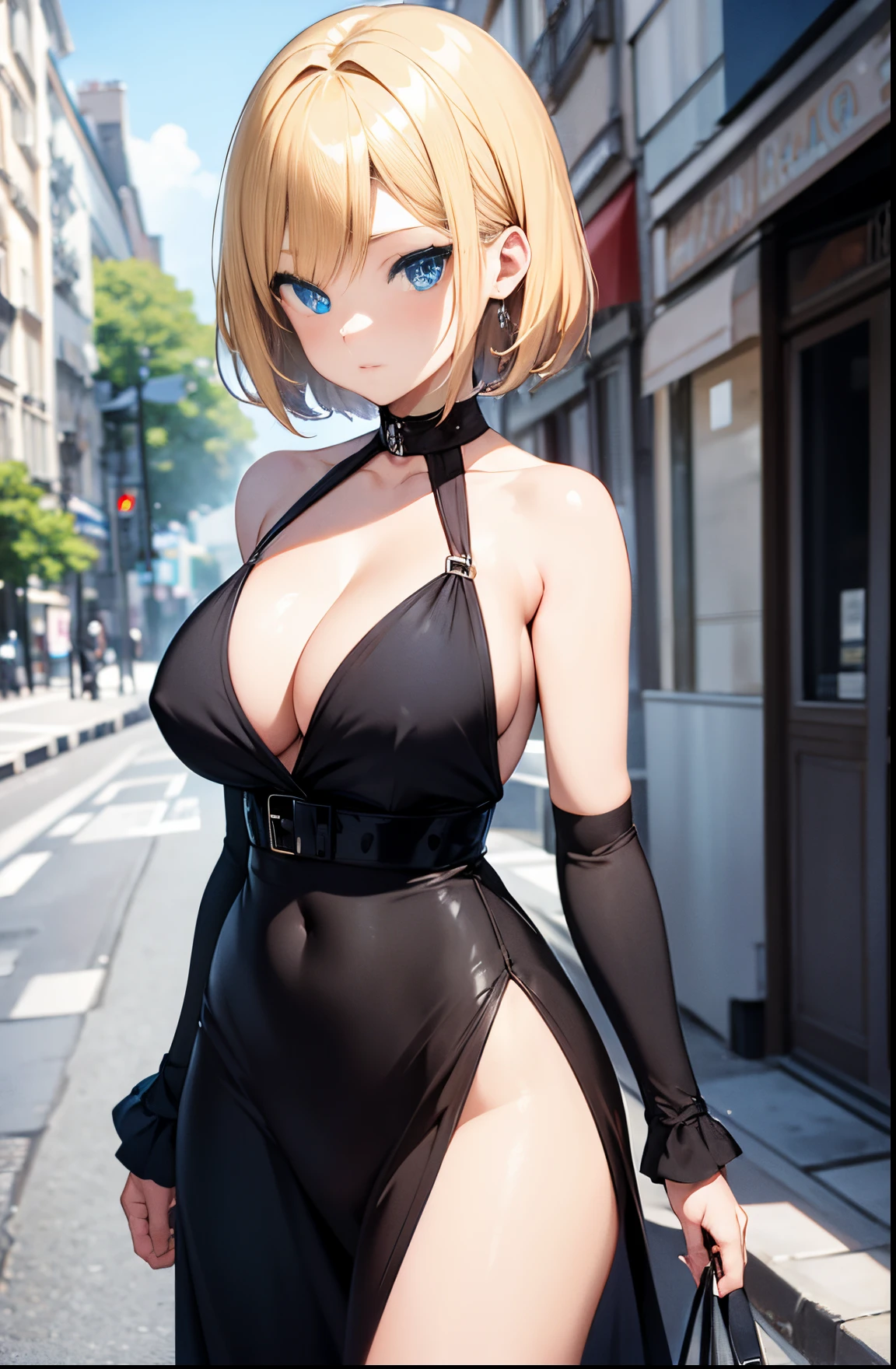 high-level image quality,2D Anime Style、Blue eyes、Beautiful eyes, (Talented lo-fi:1.3)breasts are slightly larger、A cool adult woman with short blonde hair and a serious expression....、The face is three-dimensional,Formal fashion that shows cleavage, The color of the clothes is black,Walking the streets of Paris, hiquality, 4K, hard disk, good detail