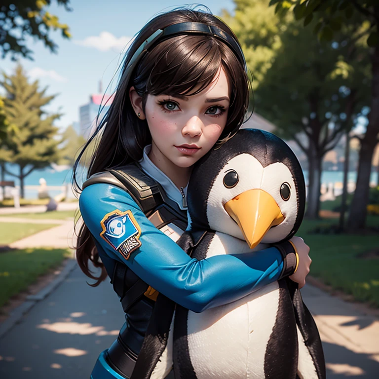 Adult woman, Overwatch Character D.va hugging a stuffed penguin, Clivage, alluring look, blushing, somewhere in nature, outside