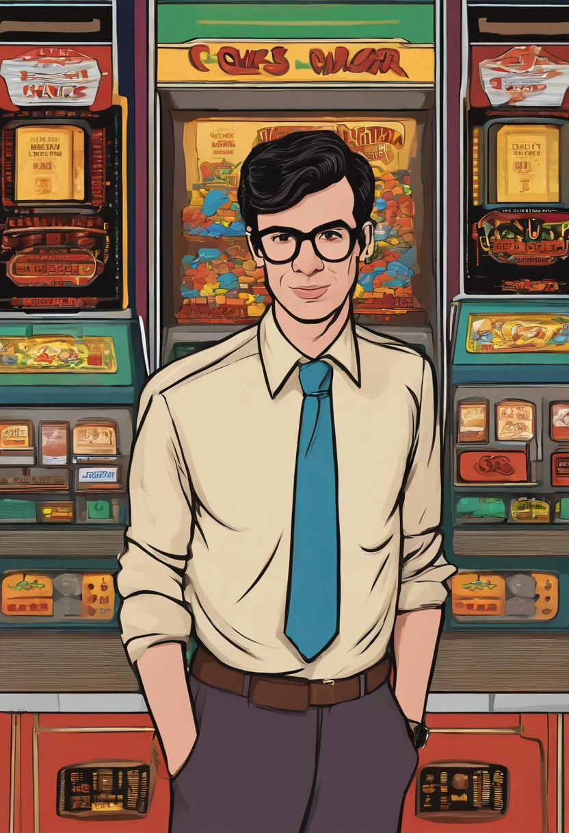 A photo of a vintage, retro arcade game,Nathan for You,In “Nathan for You,” Nathan Fielder portrays a character of the same name, marked by his plain, somewhat awkward appearance: often seen in a grey suit and tie, with his hair neatly combed and a pair of unremarkable glasses. This understated look complements his on-screen persona, which is characterized by a deadpan expression and a consistently serious demeanor, regardless of the comedic absurdity unfolding around him., male