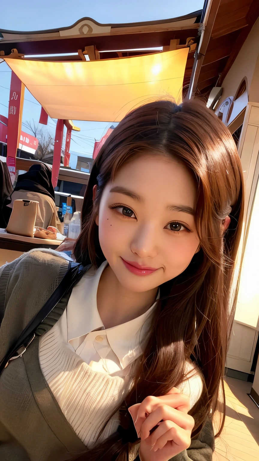 The highest image quality、Tea leaves semi-long、Female, 19 years old、light skinned、Winter town、japanes、a smile