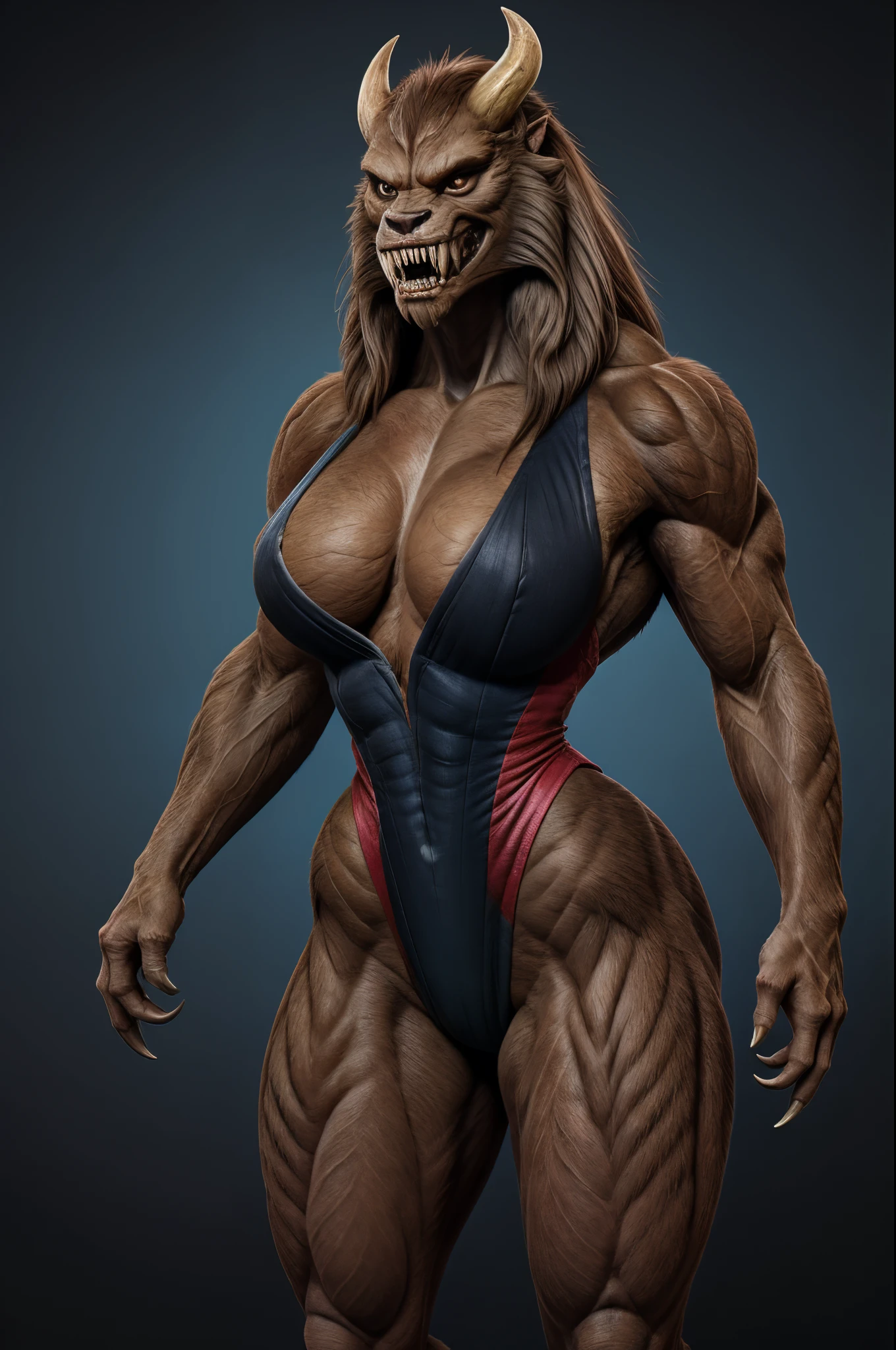 "Create an ultra-high-quality, photorealistic artwork in 8K resolution that depicts a Sasquatch Woman Hybrid in all her glory. The focus should be on capturing the intricate details of her features to create a realistic and immersive experience.
The woman should have long hair that flows beautifully, adding to her allure. Her entire body should be covered in brown fur, giving her a wild and primal appearance. She should be portrayed wearing a tight, high-leg leotard in black that accentuates her muscular and toned physique. Her broad hips and hourglass body shape should emphasize her voluptuousness and thicc figure.
Her muscular build should be evident, with well-defined abs and thick thighs showcasing her strength. She should possess long arms with sharp claws, further enhancing her menacing presence. Her teeth should be sharp and fang-like, and she should also have horns, adding to her monstrous yet beautiful aesthetic.
Through this artwork, capture the fierce and sexy nature of this hybrid creature. The level of detail and realism should be top-notch, allowing viewers to fully appreciate the intricate features and character of this unique Sasquatch Woman Hybrid."
monster, (fur:1.8), (highleg leotard:1.5), (Muscular:1.6), (Large Breast:1.2), (claws:1.3), (sharp teeth:1.2), (hair:1.4), (long arms:1.3),