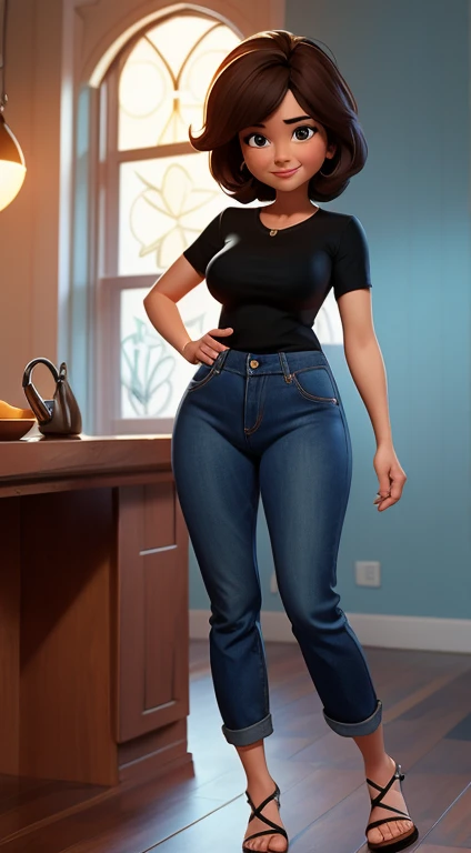 Aunt Cass, beautiful, modest, standing, full body, jeans, black shirt, happy, facing viewer