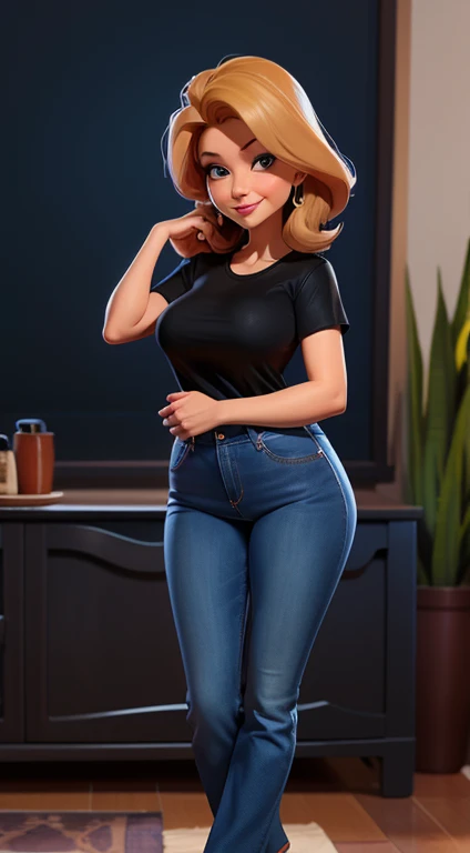 Aunt Cass, beautiful, modest, standing, full body, jeans, black shirt, happy, facing viewer