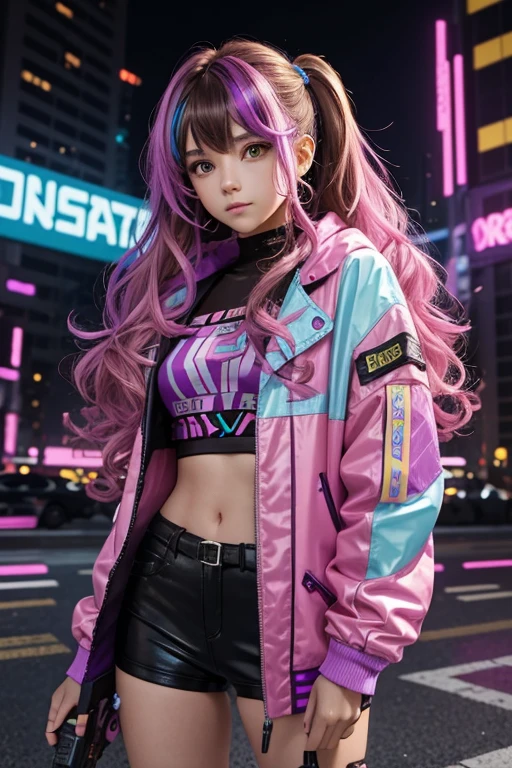 Girl with brunette or brown hair with yellow,cyan,purple,pink streaks, sideswept bangs and long wavy, curly hair, cyberpunk outfit with cyan,purple,pink colors, brown eyes, shooting star shaped hairpin accessory