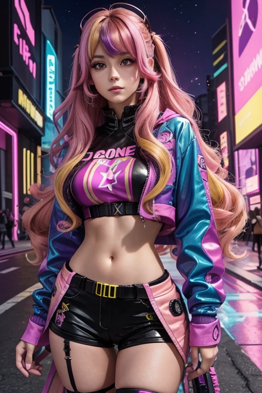 Girl with brunette or brown hair with yellow,cyan,purple,pink streaks, sideswept bangs and long wavy, curly hair, cyberpunk outfit with cyan,purple,pink colors, brown eyes, shooting star shaped hairpin accessory