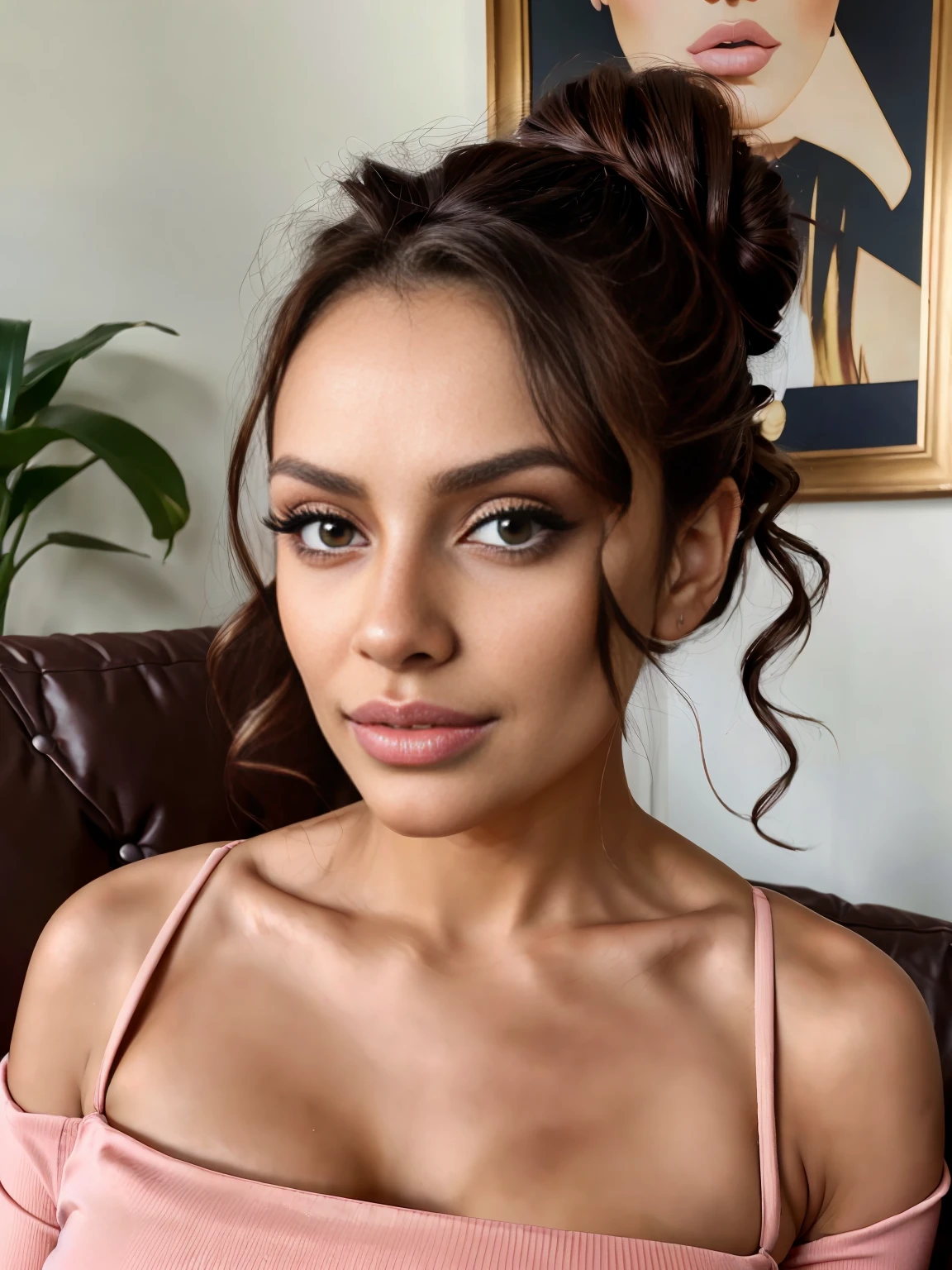 Masterpiece, Sexy woman, Albanian woman, 30 years, cute, neat face, detailed face, small neat nose, neat plump lips, detailed big eyes, brown eyes, Alice Milano, long hair, curly hair, natural shine, chocolate hair, western, city girl, sexy girl with charm face, focus on eyes, in a family living room, (sitting on the sofa), perfect face, dark brown hair up in a messy bun, big puffy pink lips, bimbo lips, lip filler, pouting, seductive smile, makeup, eyeshadow, eyeliner, sexy, sharp features, angular face, slim build, (skinny), small waist, thin, eyebrows, (busty), (cleavage), (tight professional shirt), realistic anatomy, photoreal, realistic skin texture, skin imperfections, pores, subsurface scattering, detailed eyes, highly detailed face, sharp jawline, ultra realistic, (gorgeous)