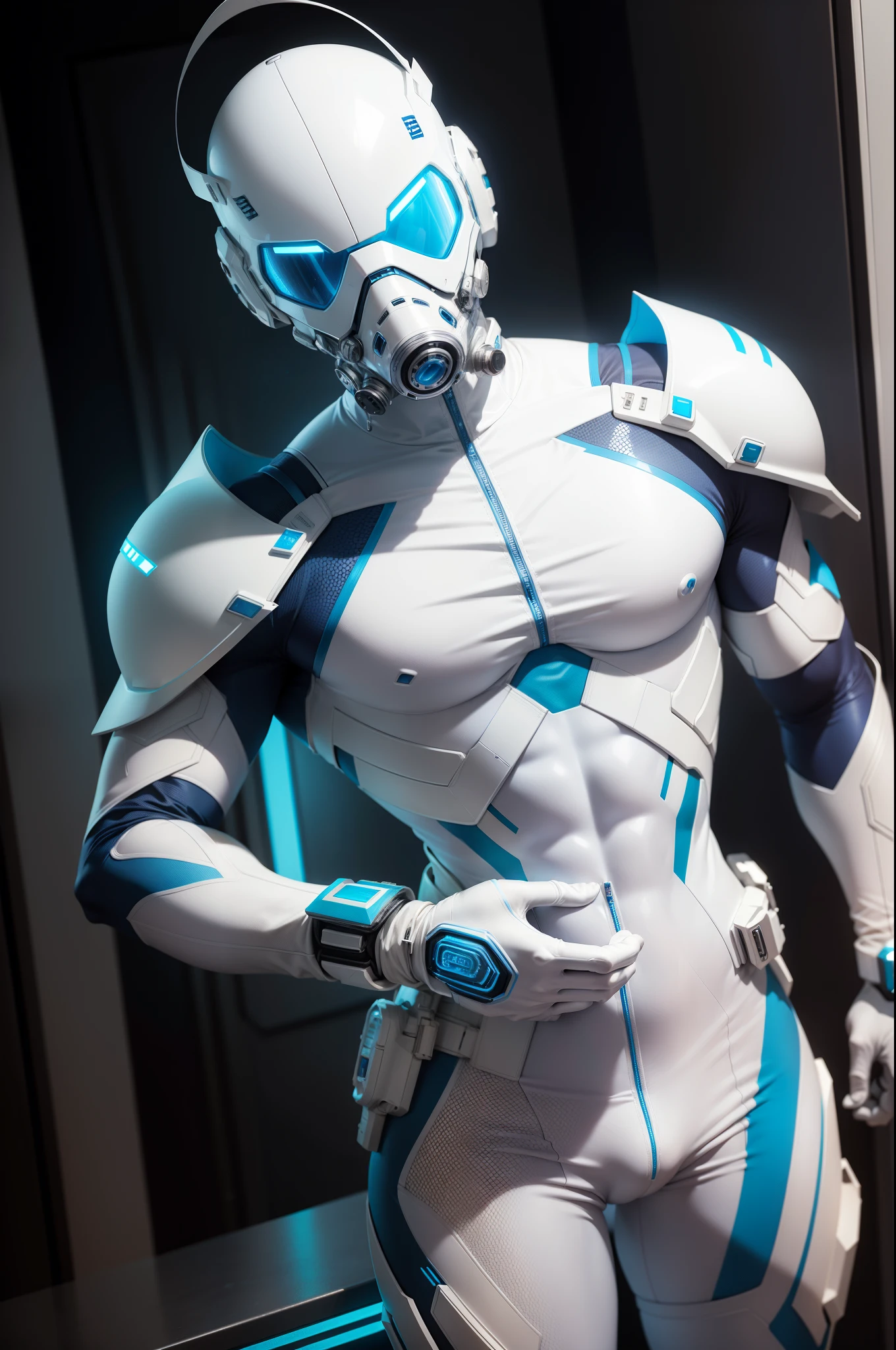 body suit, white and blue suit, futuristic suit, white gauntlets, white gloves, white hands skin tight bodysuit, toned male, teenager, young male, futuristic gas mask and vizor, bodysuit, futuristic, sci fi, toned male, hands seen, eyes seen, hair seen,