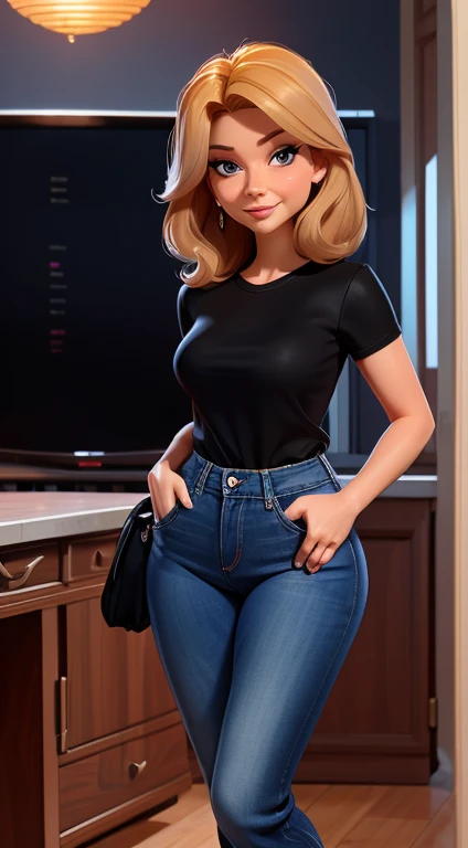 Aunt Cass, beautiful, modest, standing, full body, jeans, black shirt, happy, facing viewer